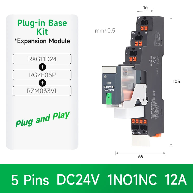ENMG RXG Slim Power Relay 12A 24VDC/220VAC Coil, DIN Rail Mount Industrial Relay for PLC Control System