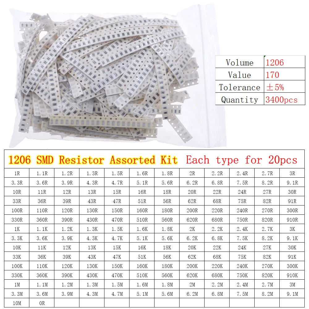 0402 0603 0805 1206 2512 SMD Chip Fixed Resistor 0ohm-10Mohm Assortment Kit pack