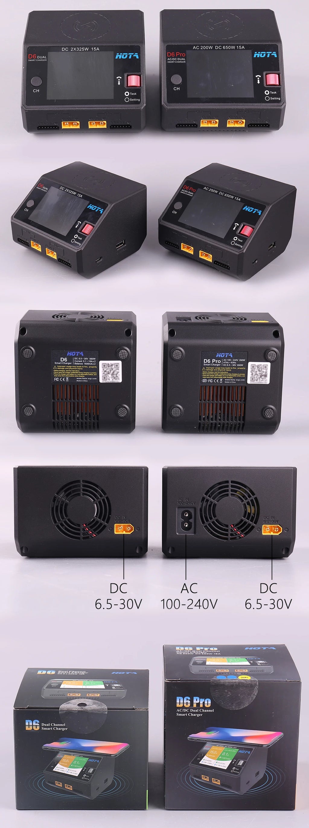 HOTA D6 Pro AC 200W DC 650W 15A*2 Dual Channel Lipo Charger Support Power Distribution 1-6S Battery Charger for RC Models Parts