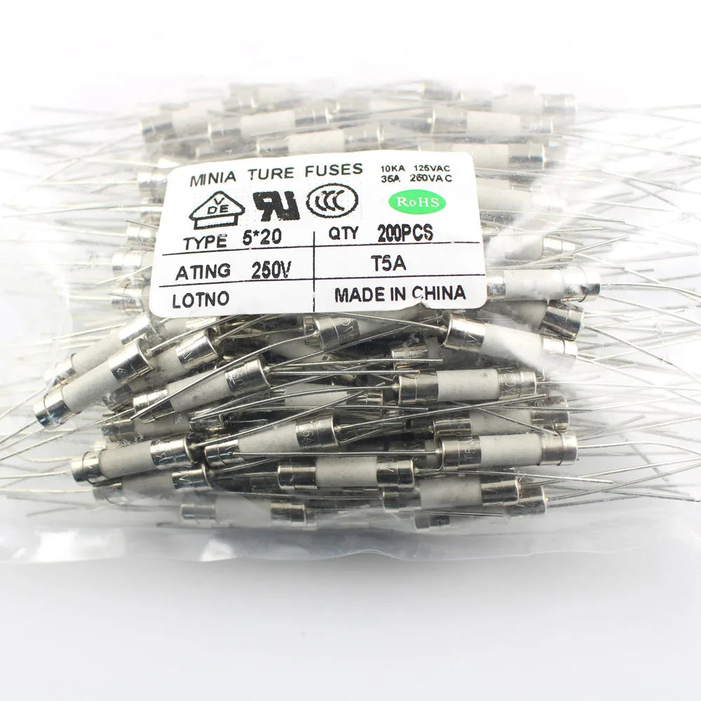 5pcs 5x20mm Miniature Ceramic Fuse Tube Fast Slow Blow Time Delay Axial Lead Links 5*20mm 250V 5A 10A 20A T5A T5A L