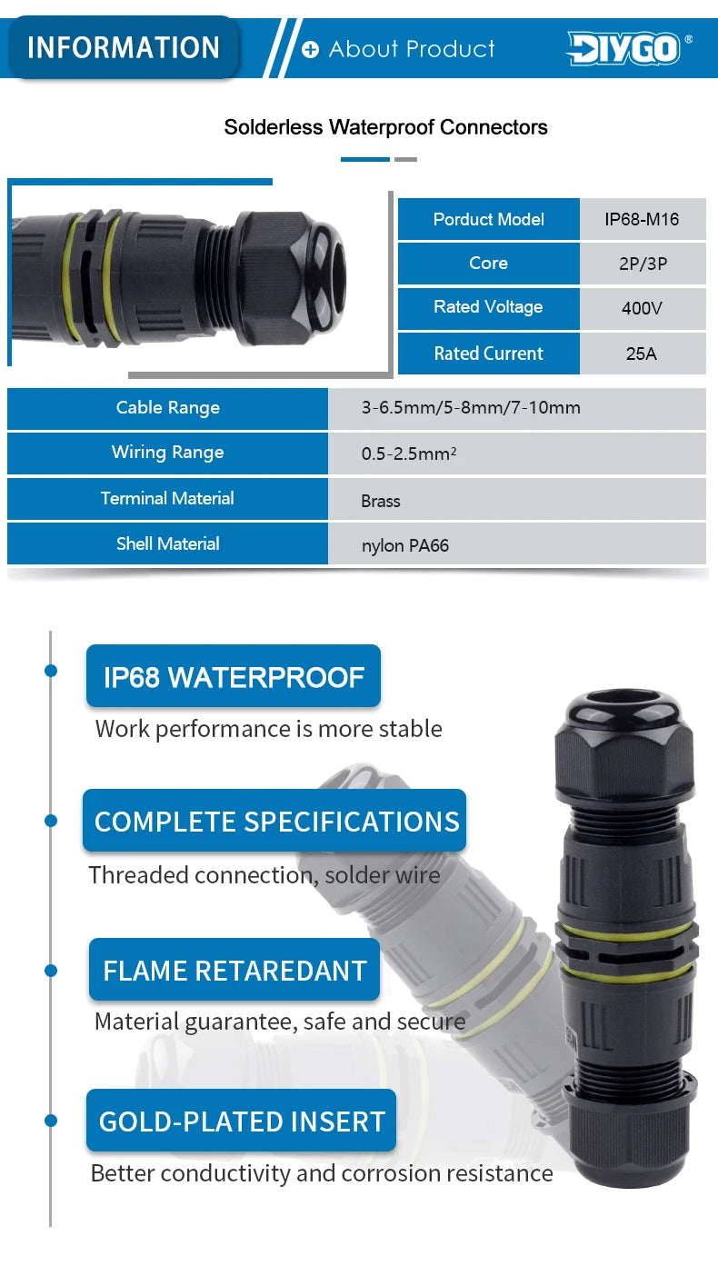 IP68 M16 Waterproof Connector,Electric Junction Box 2/3Pin Screw connection Solderless For 3-10mm Cable,Adapter terminal Outdoor