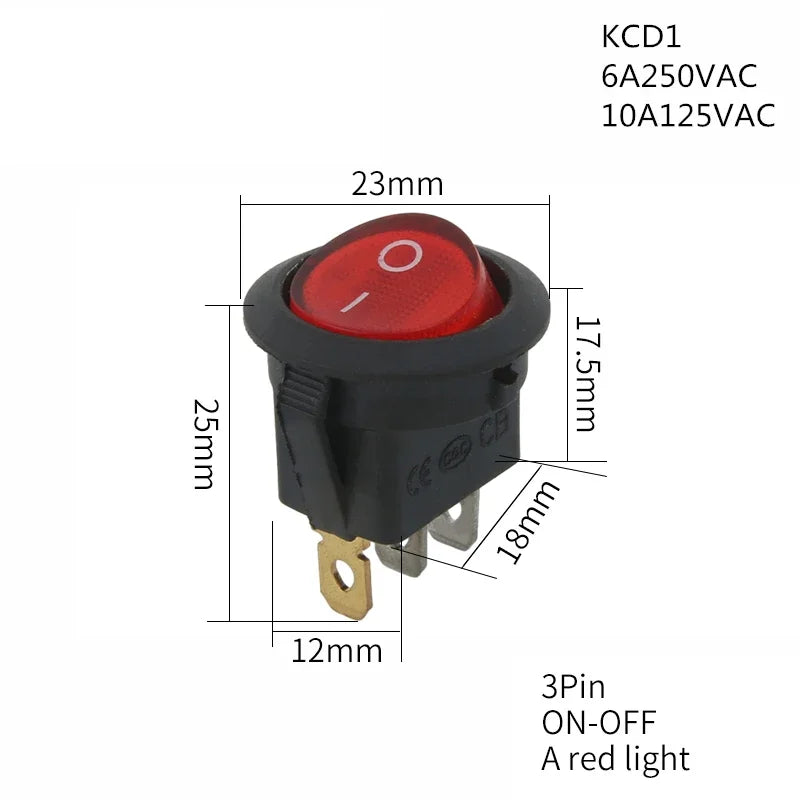 1PCS ON/OFF Round Rocker Switch LED illuminated Car 12V 24V / 6A 250V / 10A 125V 2/3/4PIN Switch 20MM