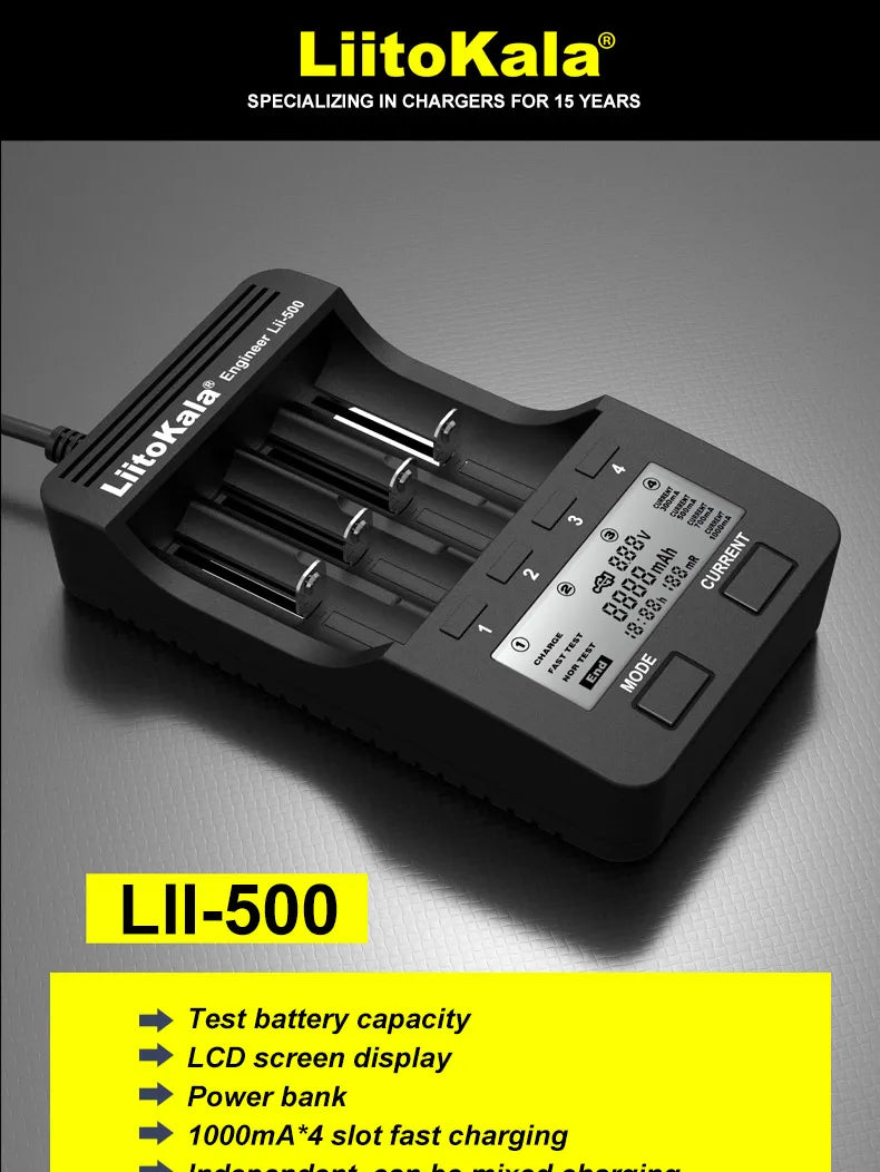 LiitoKala Lii-500 Battery Charger 4 Slot LCD Tester for 18650 26650 AA AAA Flashlight Vape Li-ion NiMH Rechargeable Cells
