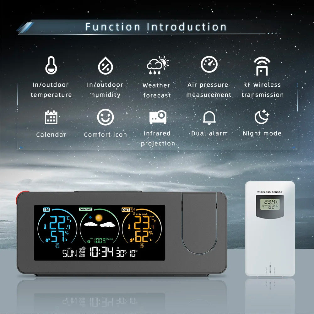 Digital Weather Projection Alarm Clock In/Outdoor Color Screen Temperature Humidity Meter Barometer Wireless Forecast Sensor