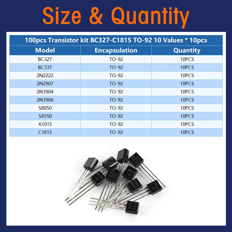 Transistor Assortment Kit TO92 PNP/NPN A1015 BC327 BC337 C1815 S8850 2N2222 2N2907 2N3904 2N3906 for Electronics DIY Repair