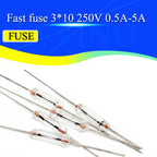 200/1000/2000PCS 3*10mm 0.5A/1A/2A/3A/5A Axial fast glass fuse with lead wire 3*10 0.5A 1A 2A 3A 5A