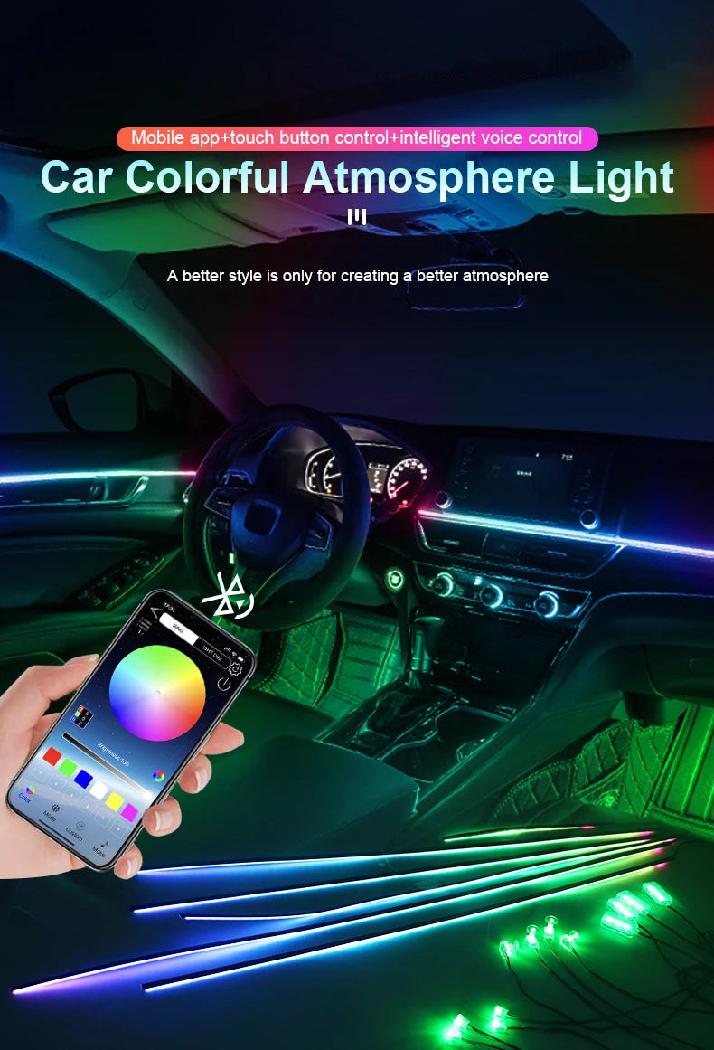 6/10/14/18 in 1 Led Car Ambient Lights RGB 213 64 Color Acrylic Strips Symphony Streamer Interior Atmosphere Lamp Control By App