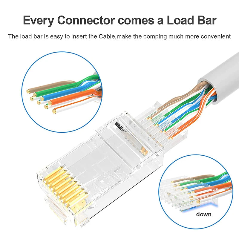 Hoolnx 2 Piece RJ45 Connector CAT6 Modular PLugs UTP STP 50U Gold Ethernet Ends Plated Load Bar for 23-24 AWG Lan Network Cable