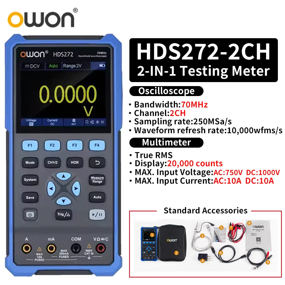 OWON HDS2102S/HDS272S/HDS242S Handheld 3-in-1 Digital Oscilloscope, Signal Generator, Multimeter | 100MHz Bandwidth, 2 Channels