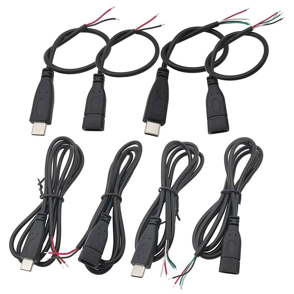 1/3Pcs 0.3M 1M 2M USB Type C Male Female Power Supply Cable Charge Connector Welding 2Pin 4Pin Wire Extension Adapter DIY Repair