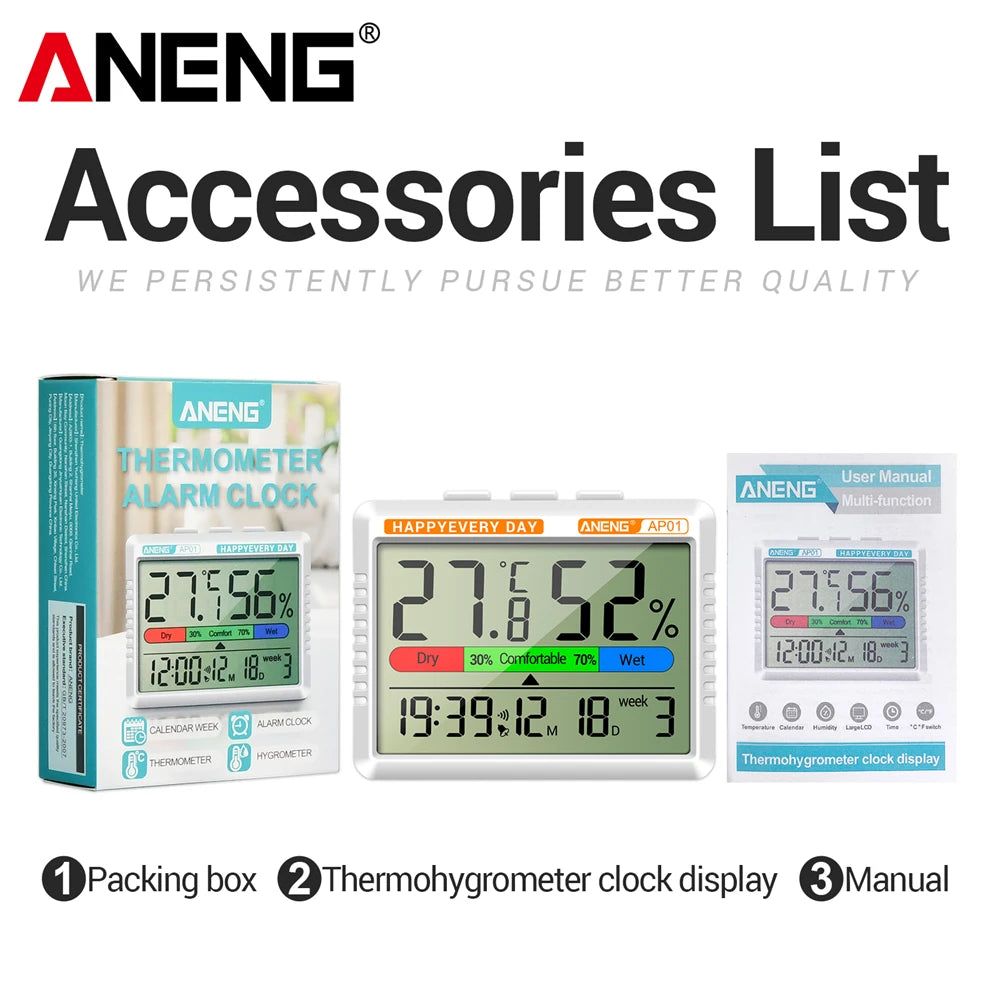 Digital Thermohygrometer Clock ANENG AP01 Snooze Alarm Mode Air Thermometer Humidity Multi-scenario High Precision Tester Tools