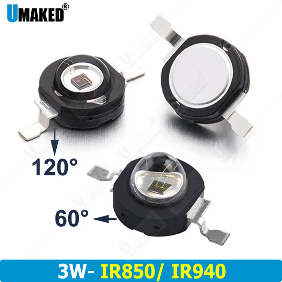 10pcs LED Infrared Red 850nm 940nm 3W High Power LED Chips 60 Degree or 120 Degree LED Beads for Night Camera DIY Lamp Bulbs