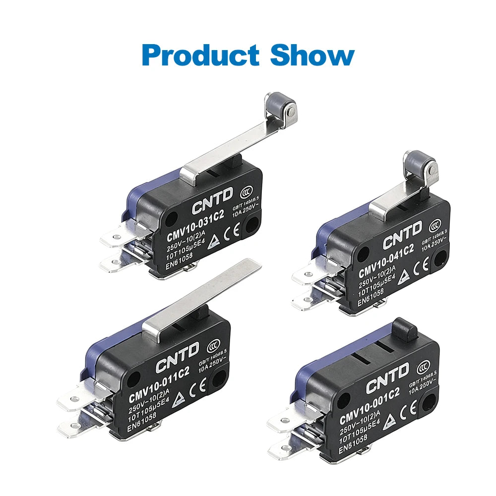 5pcs CNTD CMV10-061C/061C2 Mini Snap Action Micro Switch 10A 250V AC SPDT 1NO1NC Long Curved Lever Limit Switch 300K 3D Printer