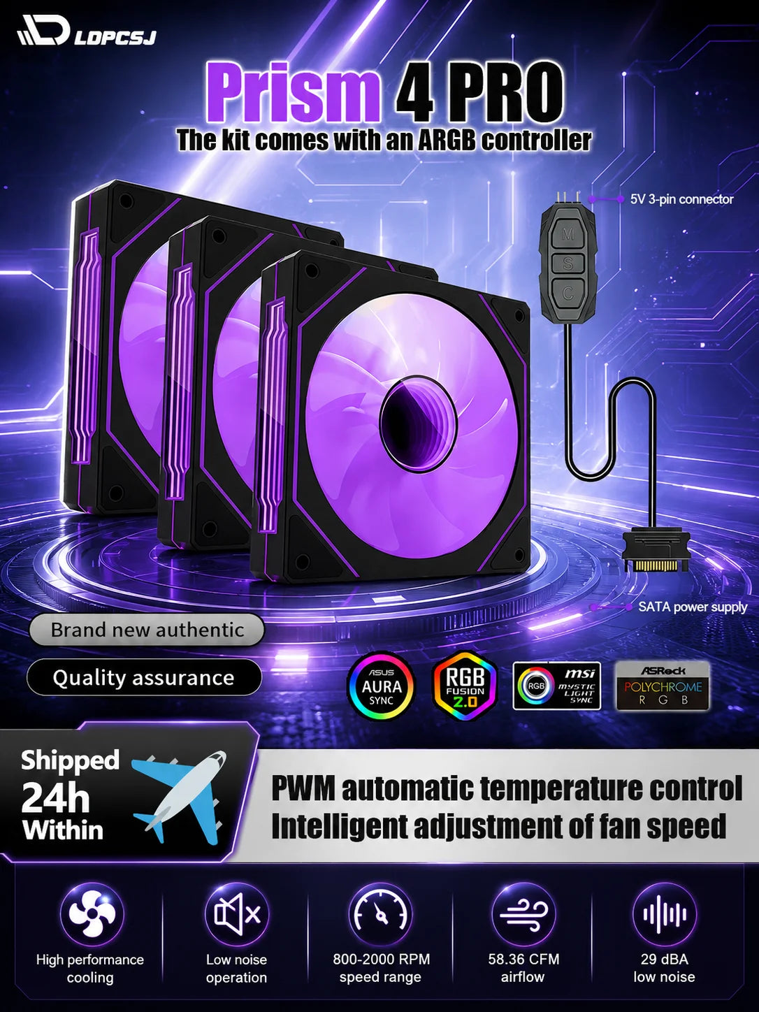 LDPCSJ PRISM 4 PRO 120mm PC Case Fan Equipped with ARGB Controller, 4-Pin PWM Silent Cooling Fan,12V 3Pin Addressable ARGB,45.2CFM High Airflow 600-1500RPM Synchronizable RGB Fan for Gaming Desktop Water Cooling Computer Chas