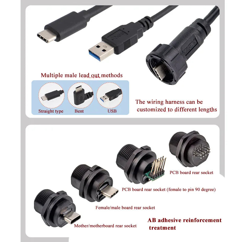 Threaded Type-C Waterproof Connector Cable IP67 Type-C Male Data Plug Wire F Outdoor Use USB 3.1 Solder Board Dual Female Socket