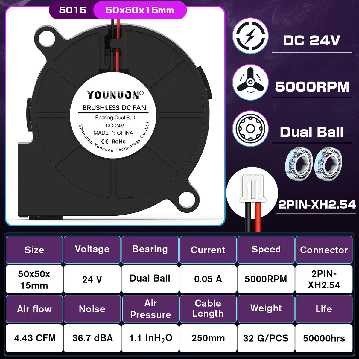 5015 50mm DC 24V 12V 5V 2Pin Dual Ball/Sleeve Bearing Brushless Cooling Turbine Blower Fan 50mm x 15mm Blower Cooler Fan