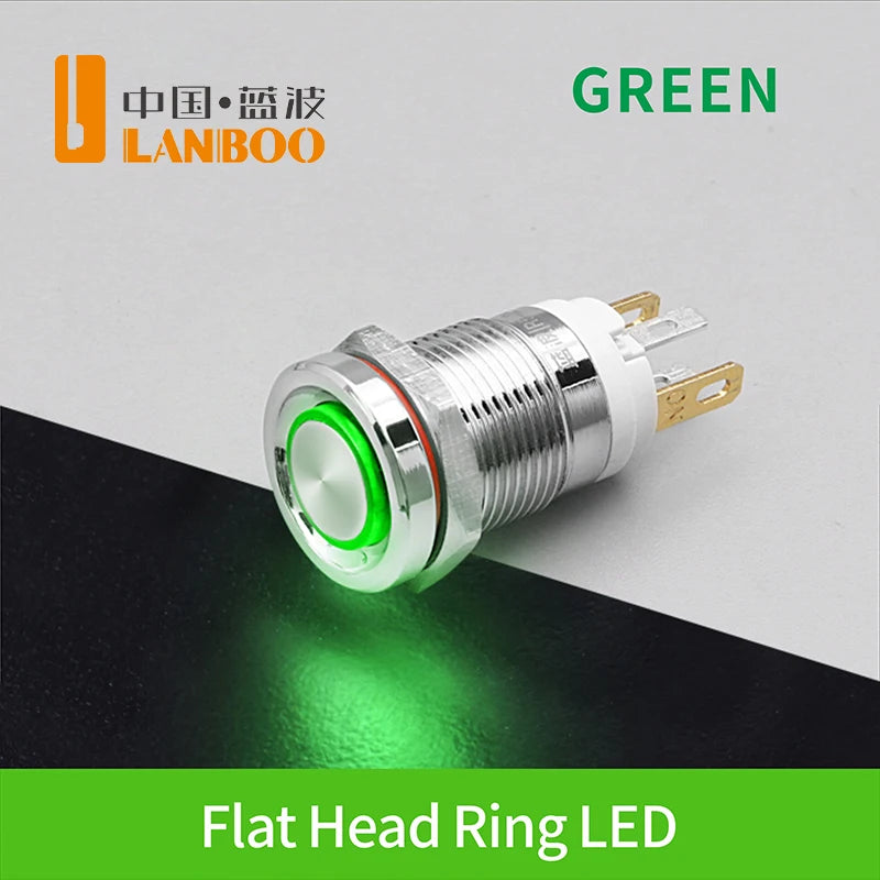 LANBOO 12E 7A High Current 4 Pin Switch Waterproof IP65 Latching or Momentary Micro Metal Push Button Switch with LED 24V220V