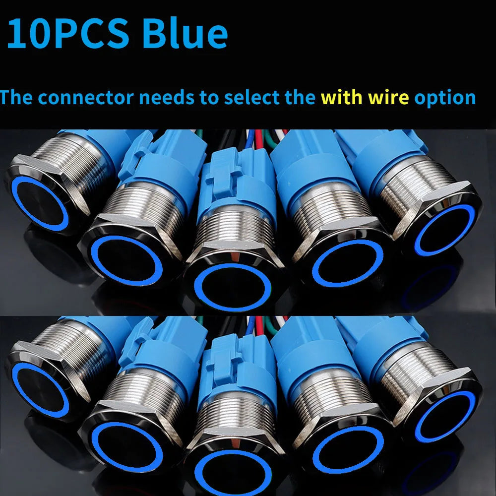 10PCS 16mm 19mm Metal Power Switch Button Flat Round LED Lamp Light Waterproof Latching /Self-reset Button Car Start Switch 12V
