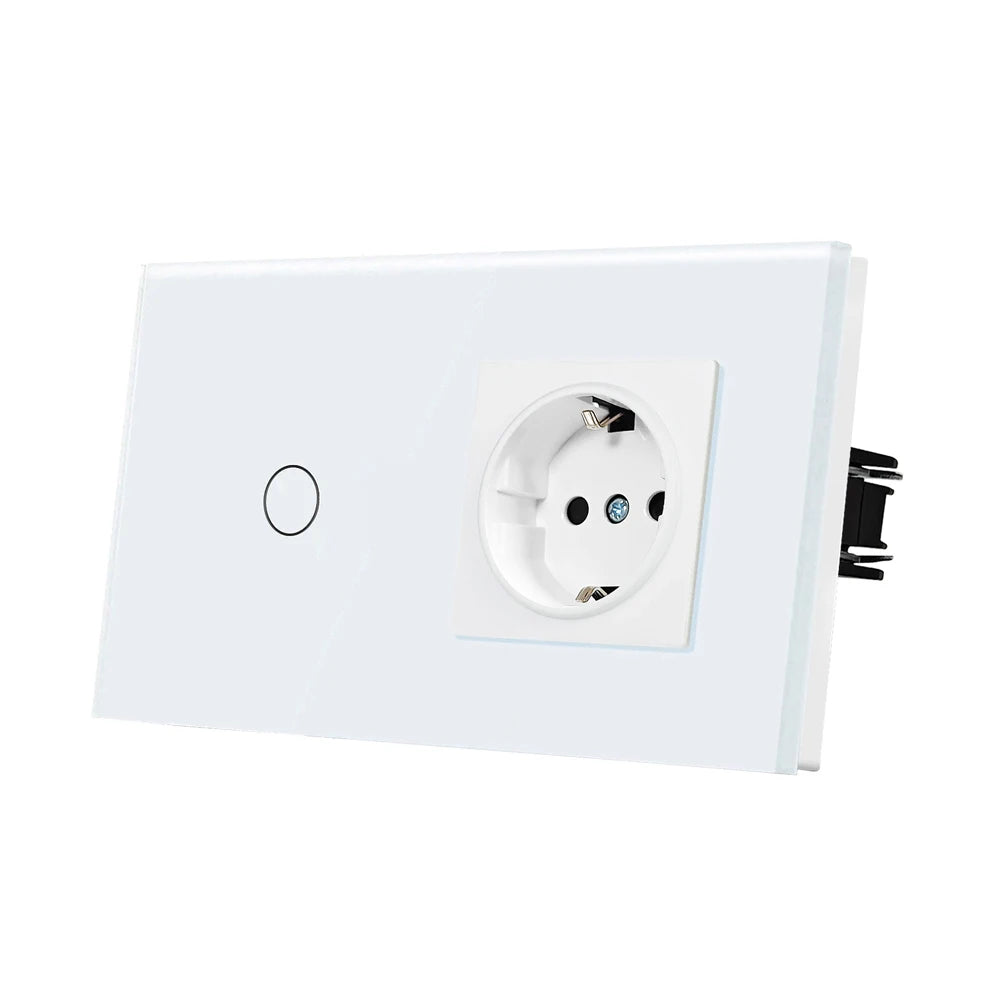 Touch Light Switch With EU Socket 1 Gang 2 Way Wall Light Switch LED Sensor Tempered Glass Interrupter EU Standard 240V