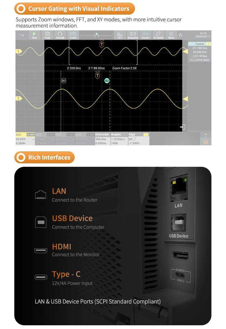 OWON ADS800A Portable Digital Oscilloscope 100MHz Bandwidth 1GSa/s 7" TFT-LCD Storage Multimeter Auto Measure USB/PC Connect