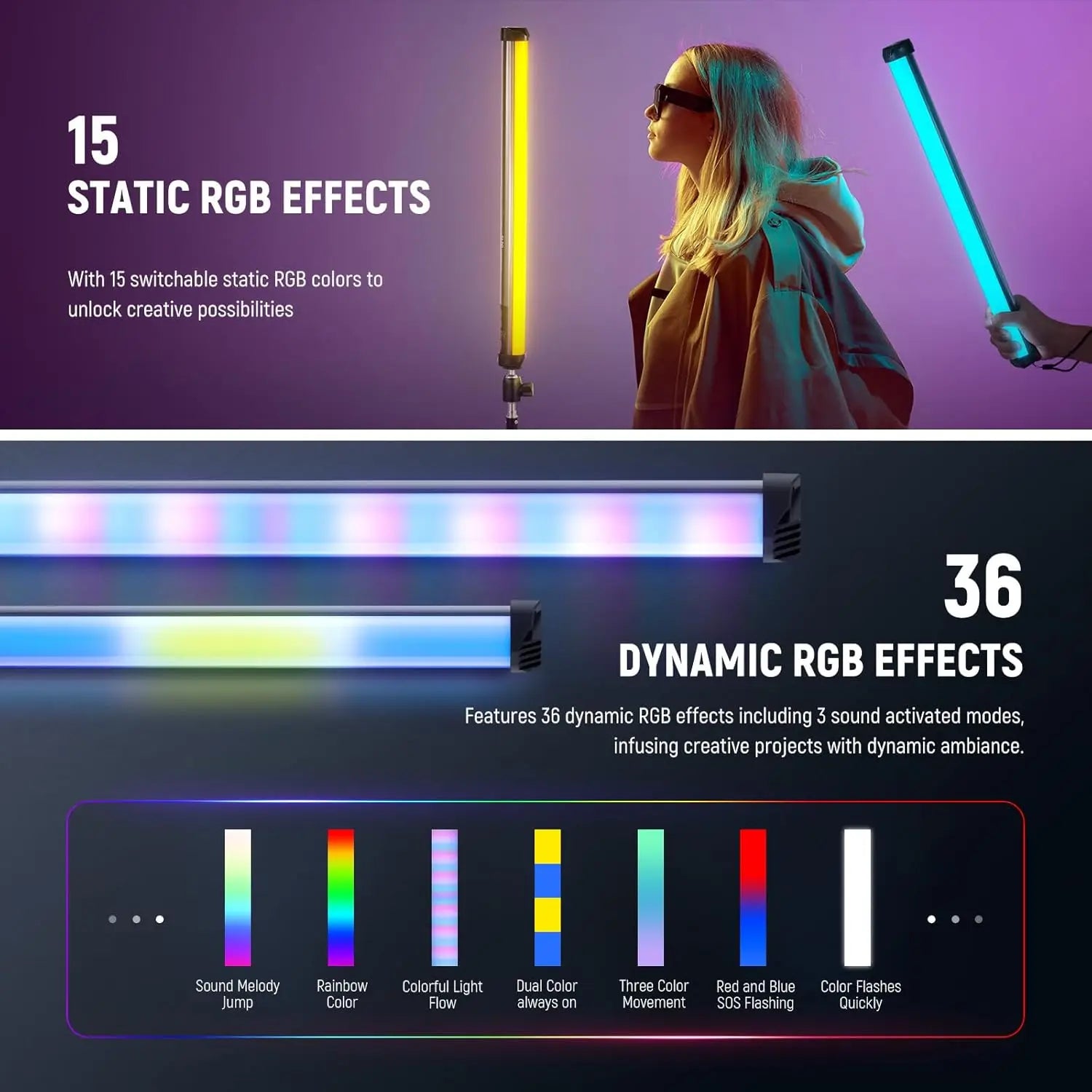 NEEWER Basics 12"/21" Magnetic RGB Light Wand, CRI95 Dimmable 14W LED Handheld Video Tube Lighting Stick with 51 RGB Modes