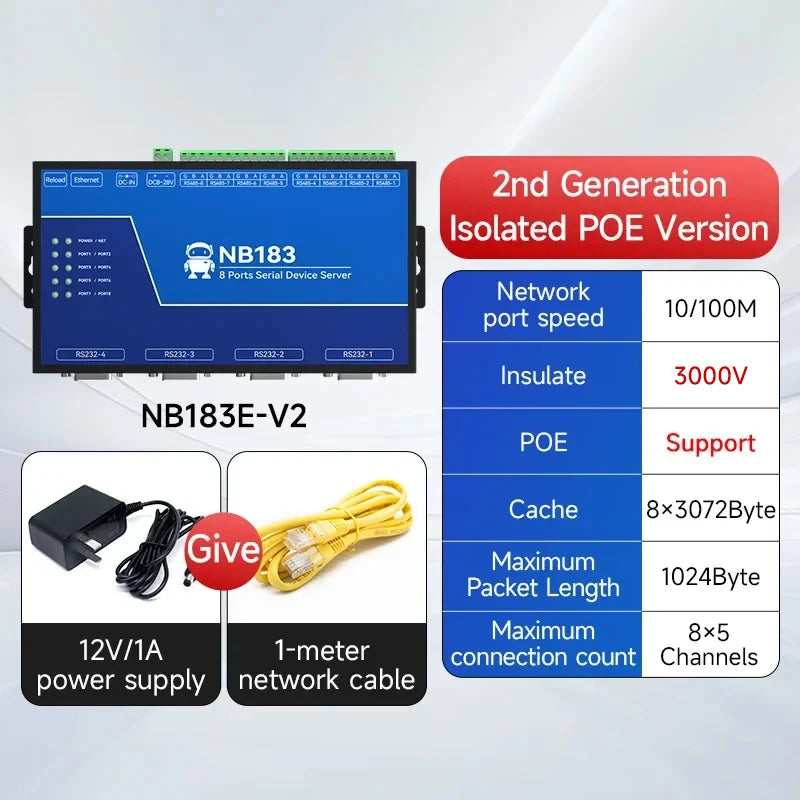 RS485/232/422 to RJ45 CDEBYTE NB183E/ES/S-V2 8-Channel Serial Server ModBus RTU to TCP Build-in Watchdog MQTT HTTP