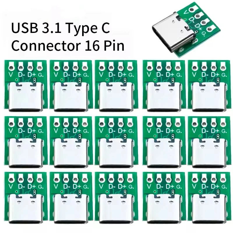 USB 3.1 Type-C 16-Pin Test Breakout Board Full Pinout Adapter Socket for Diagnosis & Data Cable Prototyping
