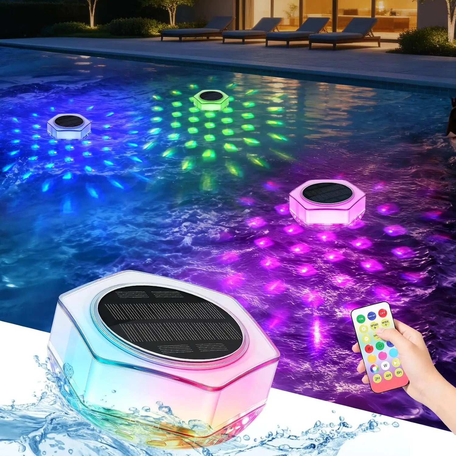 Solar Pool Lights 1/2 Pack, RGB Changing Floating Pool Lights with 10m Remote Control, 4 Dimming, 13 Lighting, Timing Mode, IP68 Waterproof for Inground/Above Ground Pool, Party Decoration