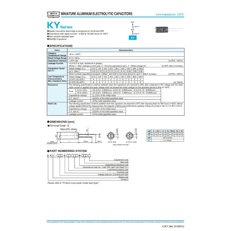 NIPPON NCC KY Series Low impedance ESR Long Life 6.3V/10V/16V/25V/35V/50V 1uF~1000uF Aluminum Electrolytic Capacitor