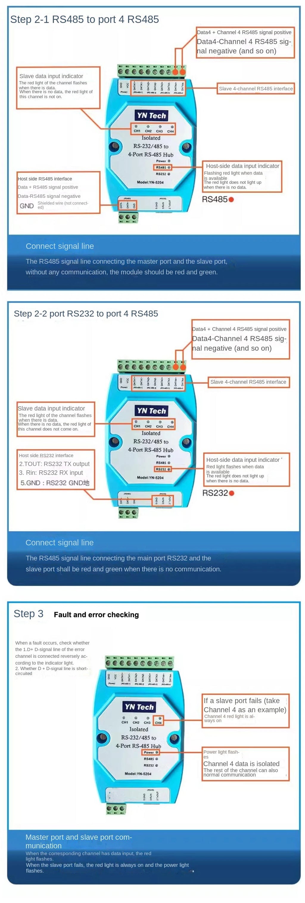 Isolated RS232 RS485 to 4 Ports RS-485 Hub Repeater Lightning Protection