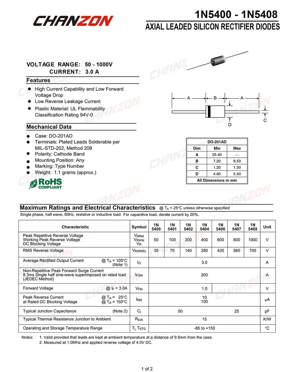 50pcs 1N5400 1N5401 1N5402 1N5404 1N5406 1N5408 Rectifier Diode 3A 50V 100V 200V 400V 600V 1000V DO-201AD DO-27 Axial 3 Amp