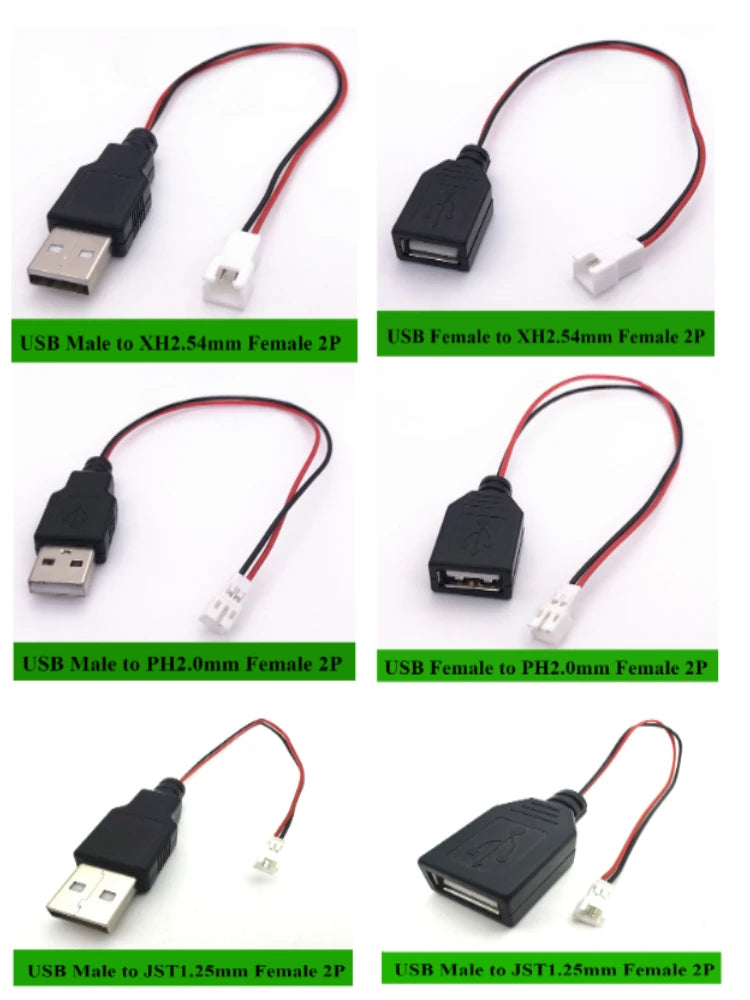 1/5/10Pcs/lot USB Male/Female to XH2.54 /PH2.0/1.25mm Female Plug adapter cable  2P 26AWG 20CM Toy Fan drone connector cable