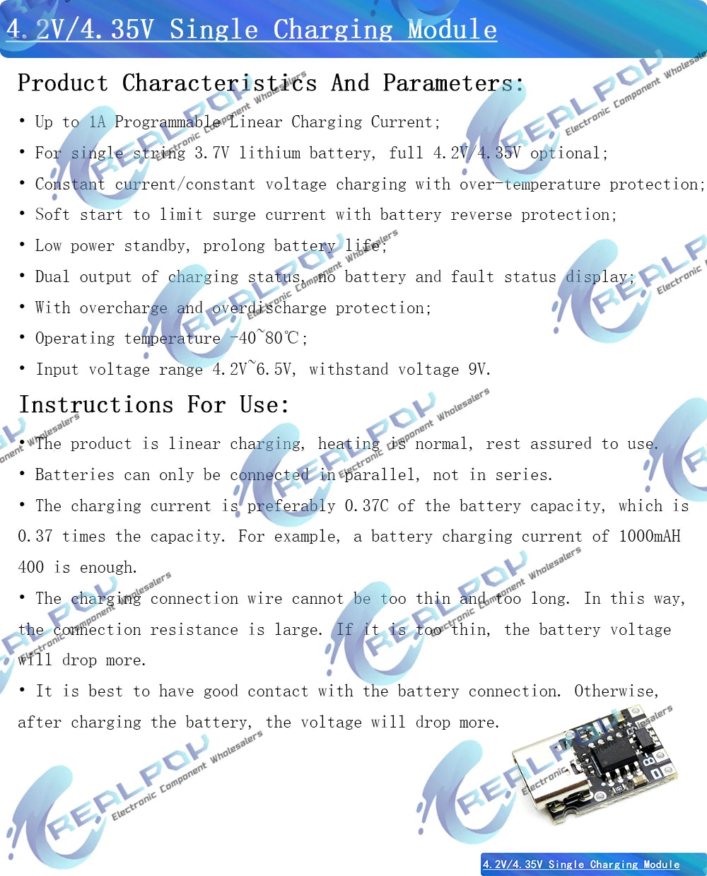 Ultra-mini Type-C USB Charger Module DC 5V 1A Charging Board For 1S 4.2V / 4.35V 18650 Lithium Li-on Battery Protection Board