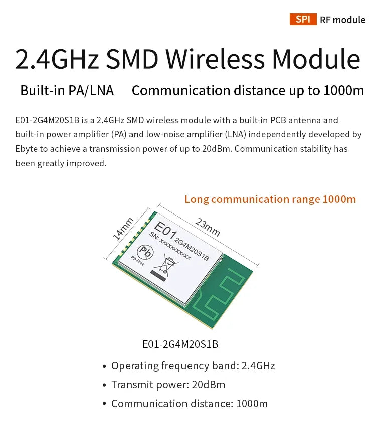 nRF24L01 2.4GHz SMD Wireless Module PA LNA Long Distance 800m SPI RF Transceiver CDSENET E01-2G4M20S1B  PCB Antenna GFSK