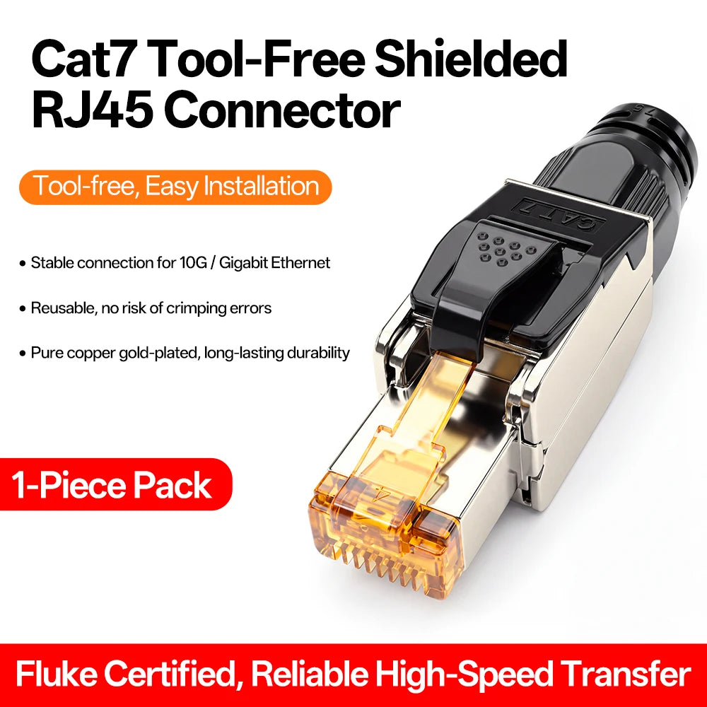 RJ45 Connector Cat7 Tool‑Free Shielded Zinc‑Alloy Reusable 50U Gold‑Plated Contact Anti‑Pull Ethernet Plug for Network Cable