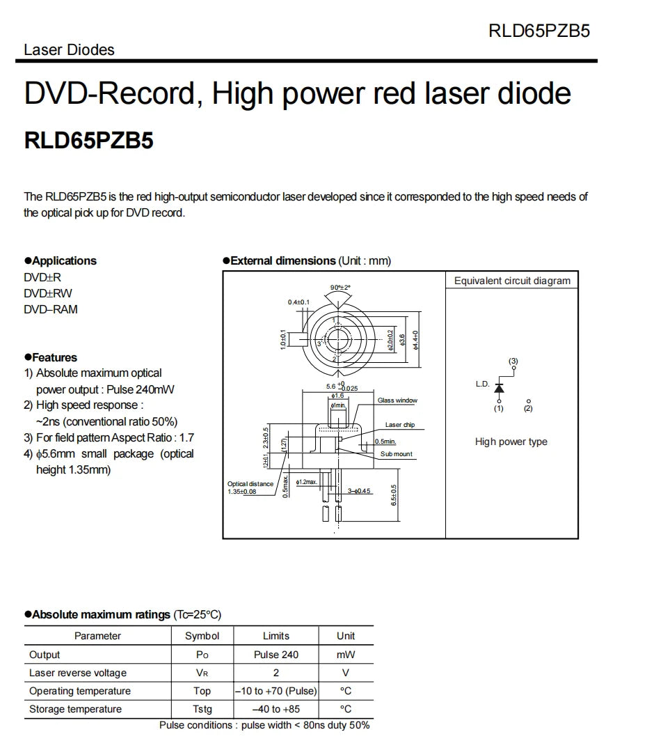 RLD65PZB5 658nm 100mw Red Laser Diode TO-18 5.6mm 650nm 80mW 660nm 240mW Pulse Brand New LD