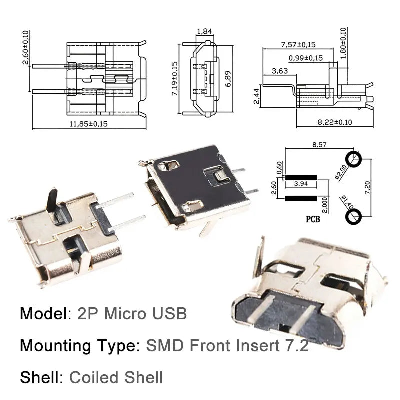 100/1000PCS Micro USB Android Female Charging Socket, Flat Edge Crimped Type, 5Pin, 4 Mounting Pins, SMD & DIP Tail Connector