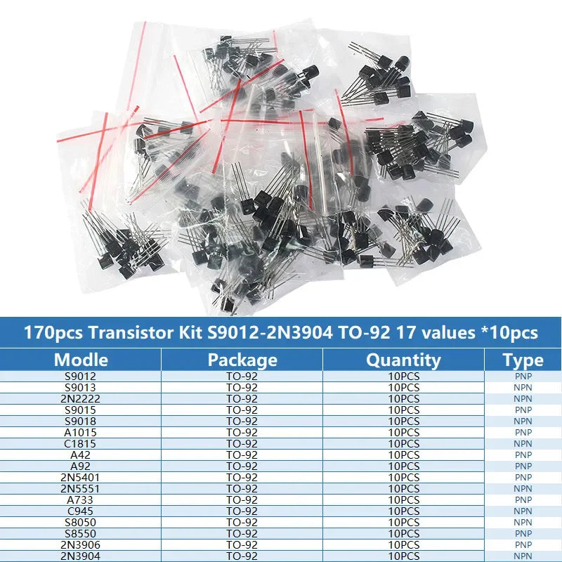 Transistor Assortment Kit TO92 PNP/NPN A1015 BC327 BC337 C1815 S8850 2N2222 2N2907 2N3904 2N3906 for Electronics DIY Repair