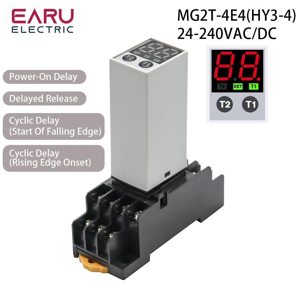 EARU Digital Time Relay 0.1s-990h Multi-Mode Power On Off Delay Cycle Timer AC DC 24-240V 2NO2NC with Base Socket