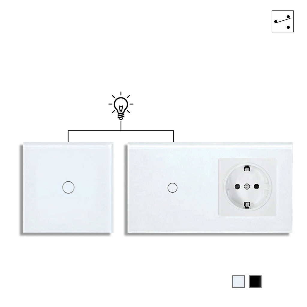 Touch Light Switch With EU Socket 1 Gang 2 Way Wall Light Switch LED Sensor Tempered Glass Interrupter EU Standard 240V