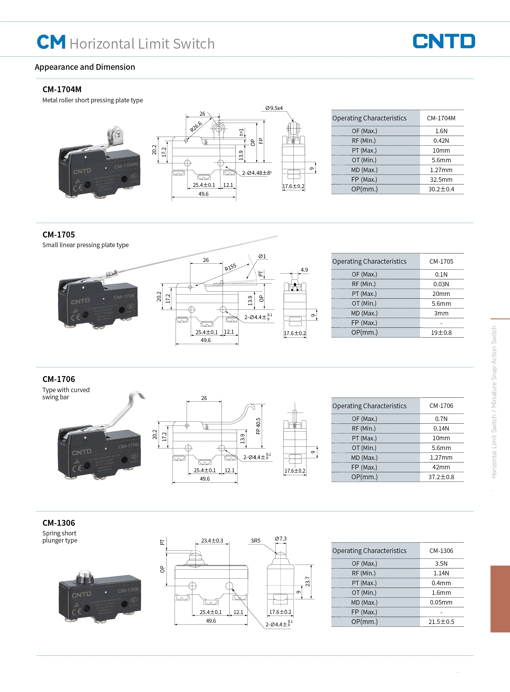 CNTD CM-1703 CM-1703K CM-1703N Micro Switch Limit Switch Travel Switch Self-Resetting Long Handle Roller Snap Action Electrical