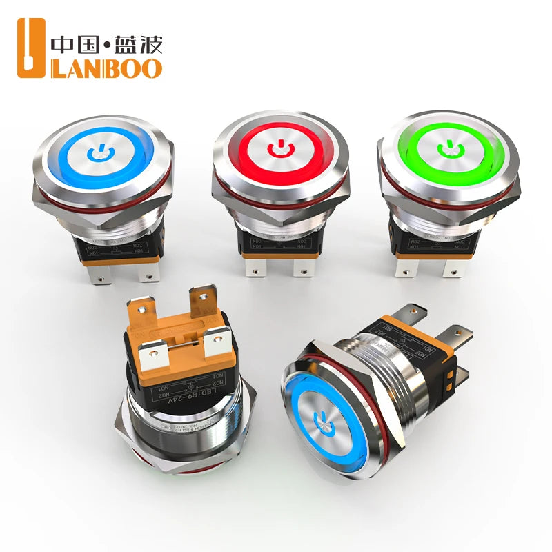 LANBOO 22mm 15A 2NO High Current Push Button Switch with LED 24V 220V Momentary Latching