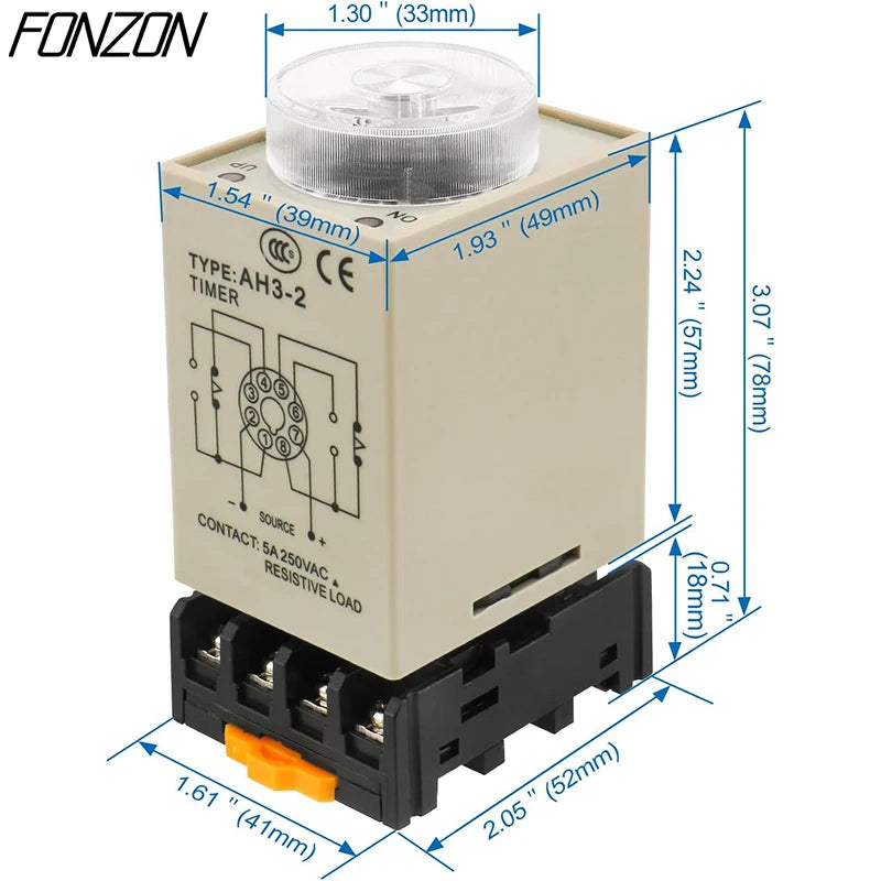 AH3-2 Power on Delay Timer Time Switch Delay Timer Relay Adjustable time 1~60S 3~60M With 8pin Socket 12 24V 110V 220V 380V