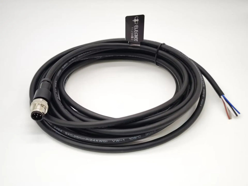 M12 5-Pin Male A-Code Straight Connector Cable, 5M Length, 22 AWG, Molded Ethernet Extension Cord