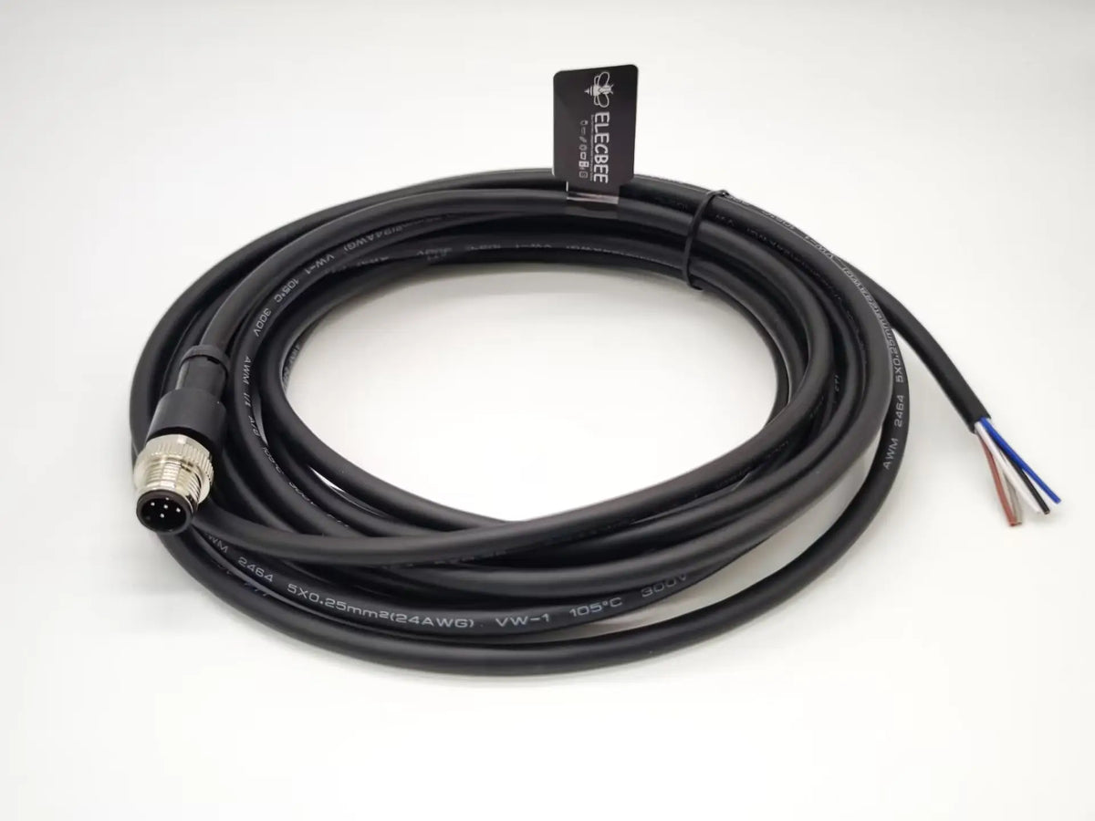M12 5-Pin Male A-Code Straight Connector Cable, 5M Length, 22 AWG, Molded Ethernet Extension Cord