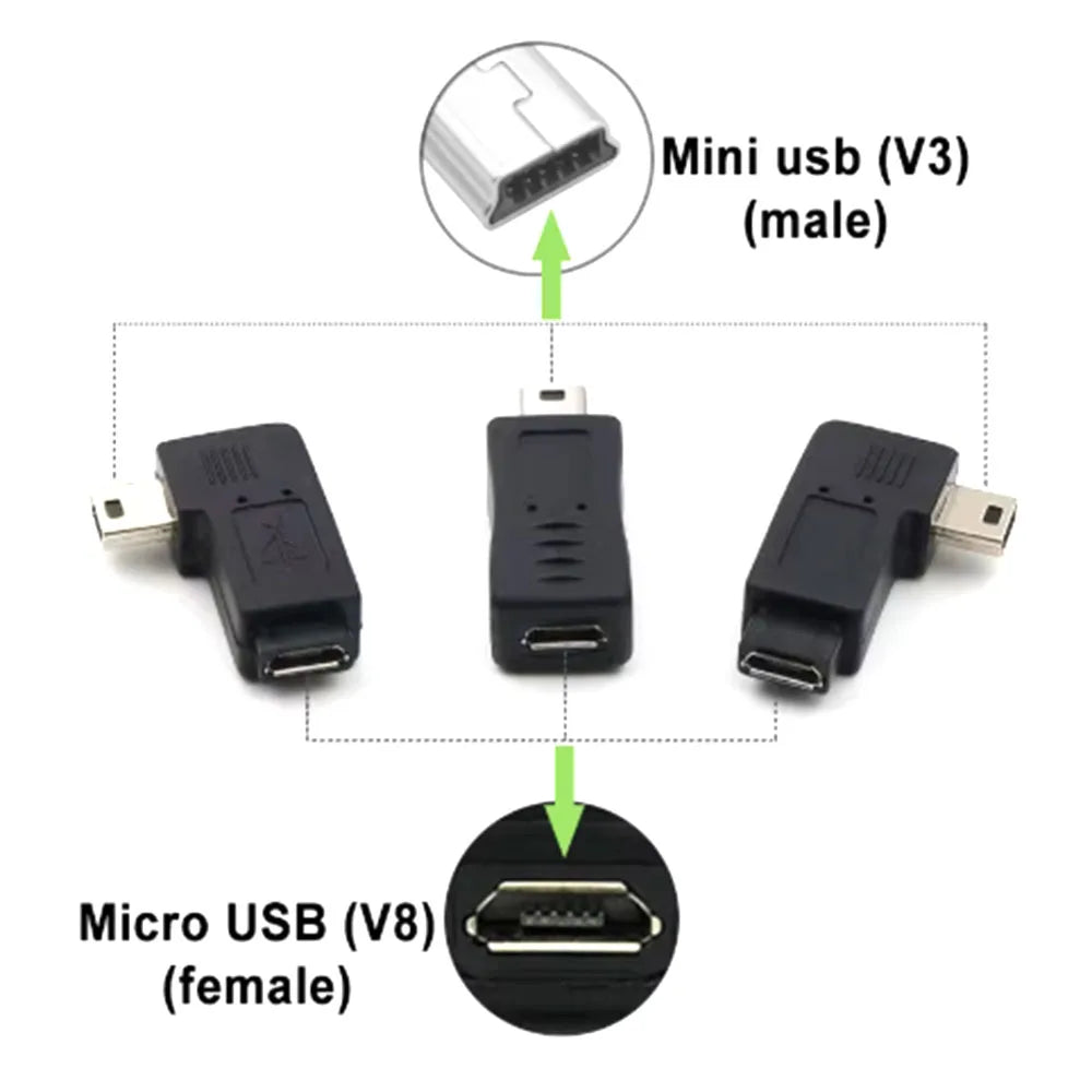 New Mini USB to Micro USB Adapter Plug 90 Degree Left&Right Angle Micro USB Male to Mini USB Female Type B Connector