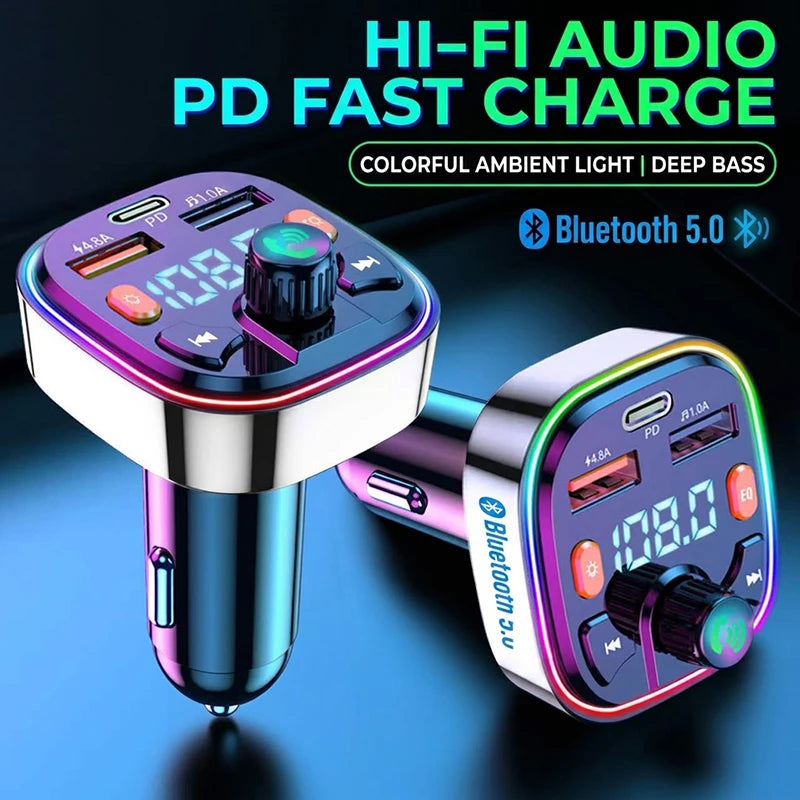 Wireless Car Bluetooth 5.0 FM Transmitter Radio Adapter RGB Light PD Fast Charger 3 Ports Hands-Free Call Bass Boost MP3