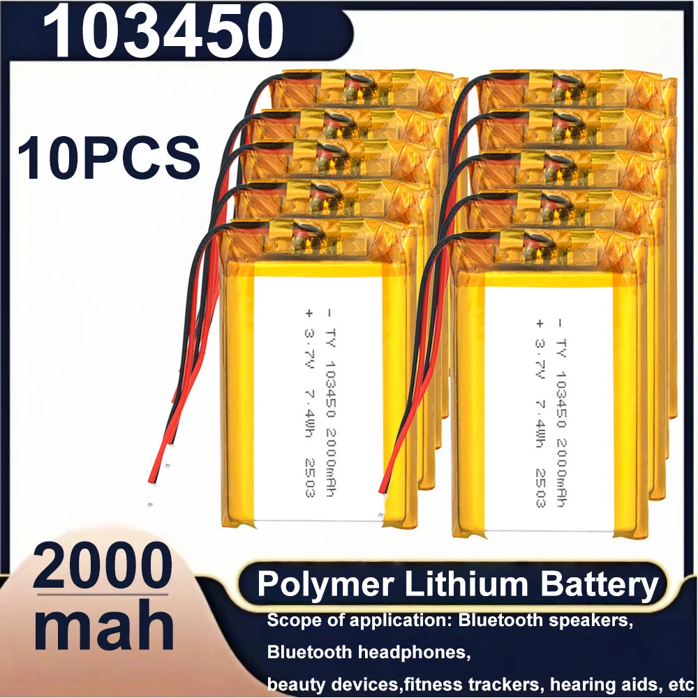 103450 3.7V 2000mAh Polymer Lithium Rechargeable Battery JST PH 2.0mm 2Pin Plug for Camera GPS Navigator MP5 Bluetooth Headset