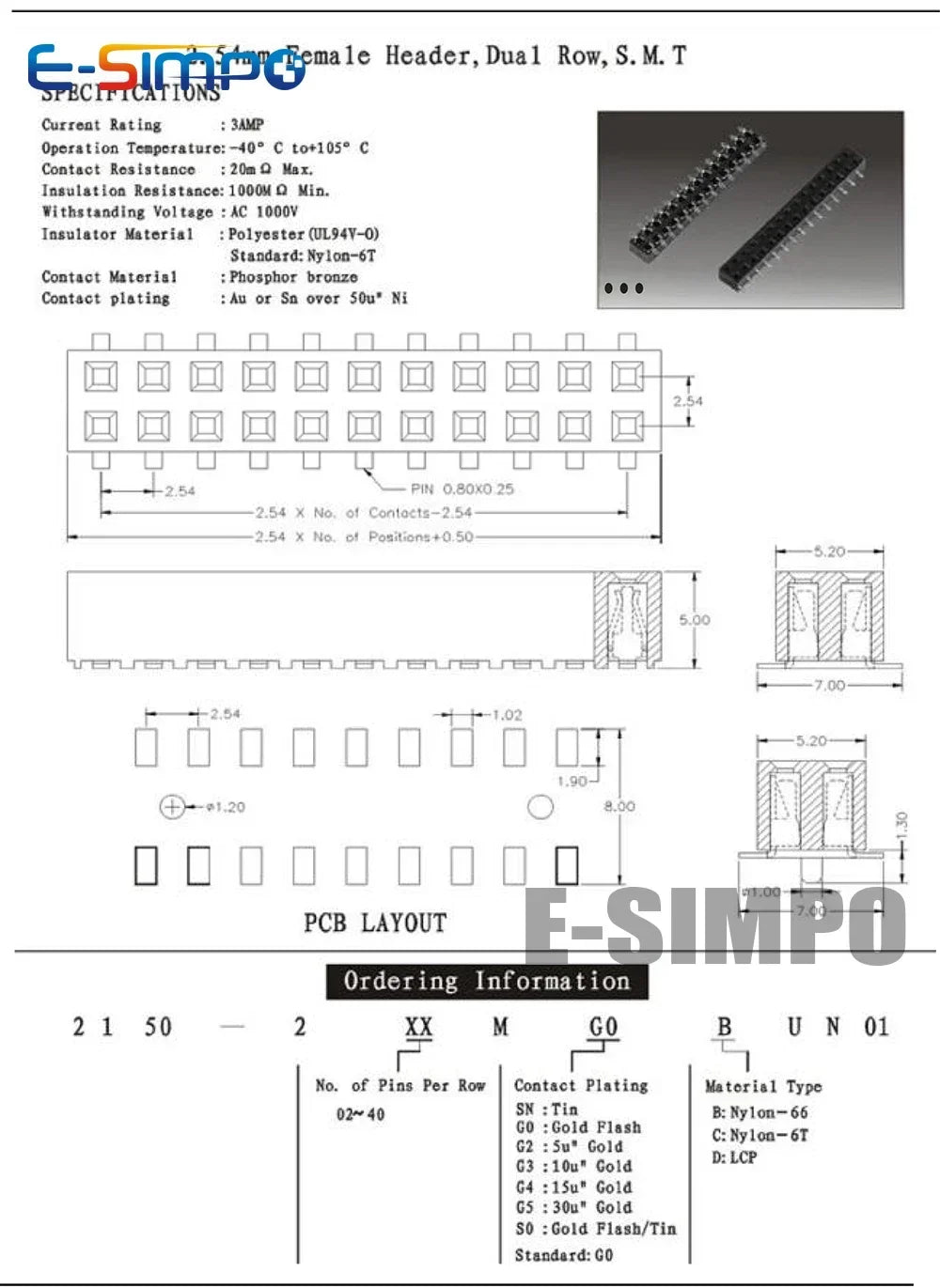 50pcs 2.54mm PH5.0 SMD 2X3/4/5/6/7/8/10/12/20P Plastic Height 5.0 Double Row Goldplated Rohs PCB Female Pin Header Connector