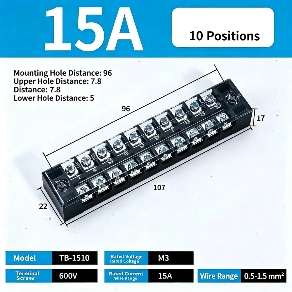 1Pc Dual Row Screw Terminal Block TB1503-TB1520 15A Fixed Wiring Strip Wire Connector